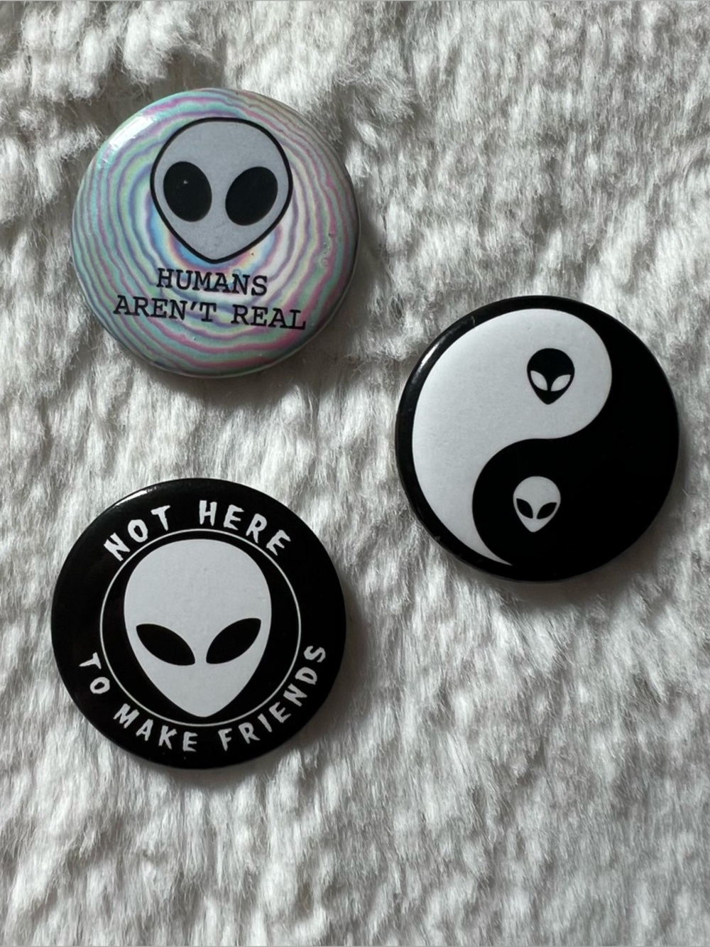 Alien Graphic Button Pin Set - Black & White with Holographic Accent
